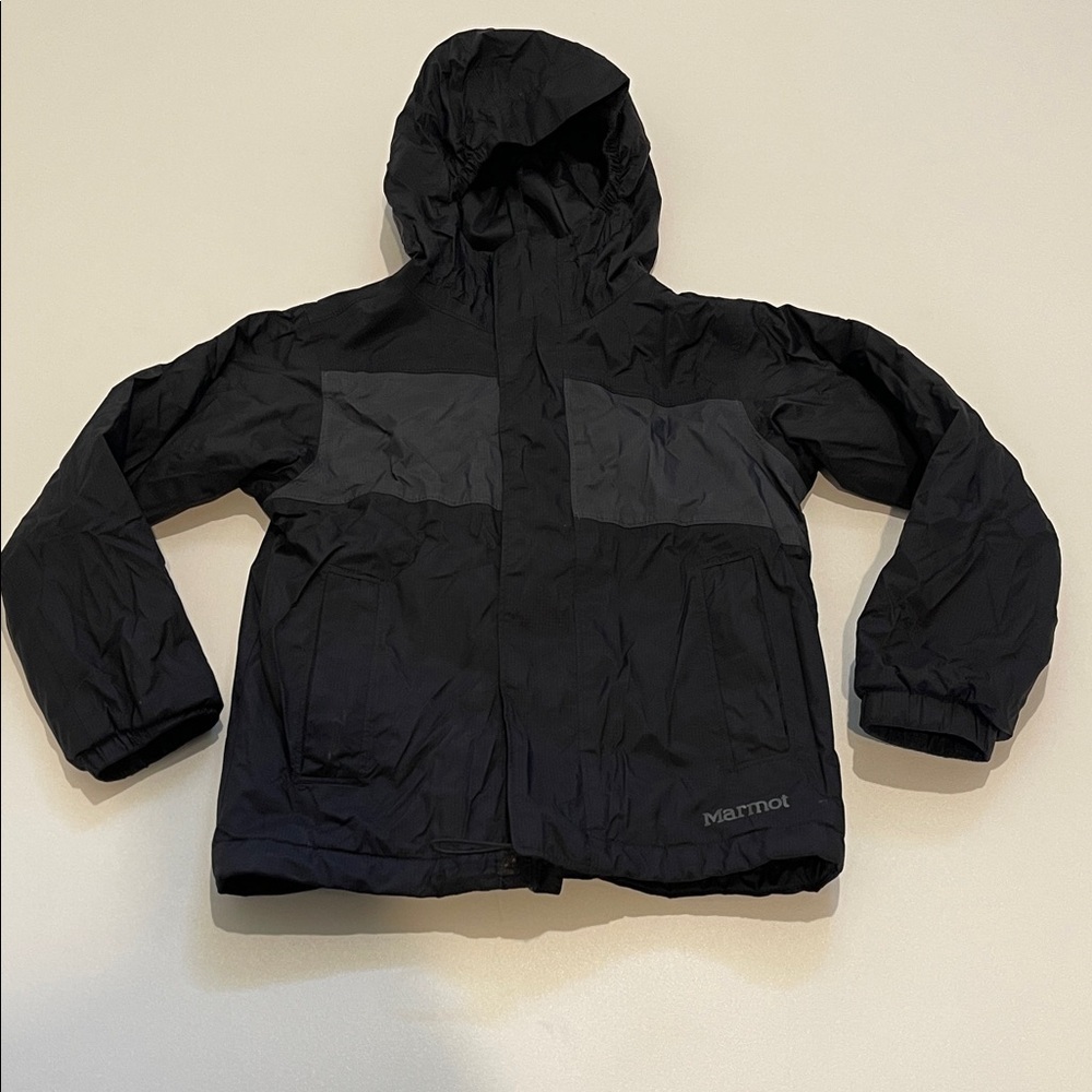 Marmot Black Jacket with Dark Gray Chest Panels and Hood